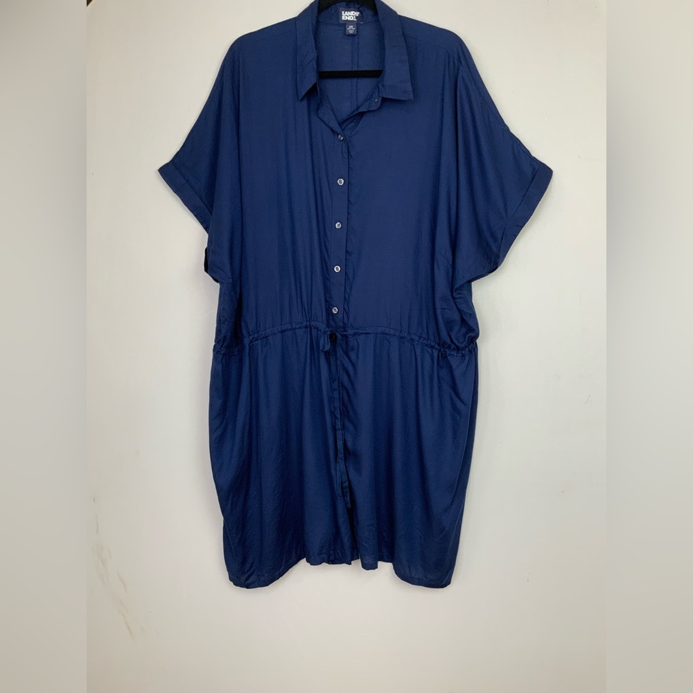 Lands End Sz 2X Navy Blue Lightweight Rayon Button Up Drawstring Romper Cover Up